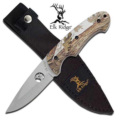 MC Winter Camo Hunter Knife 440 Stainless Steel Blade With Cut-Out Elk Includes Nylon Sheath