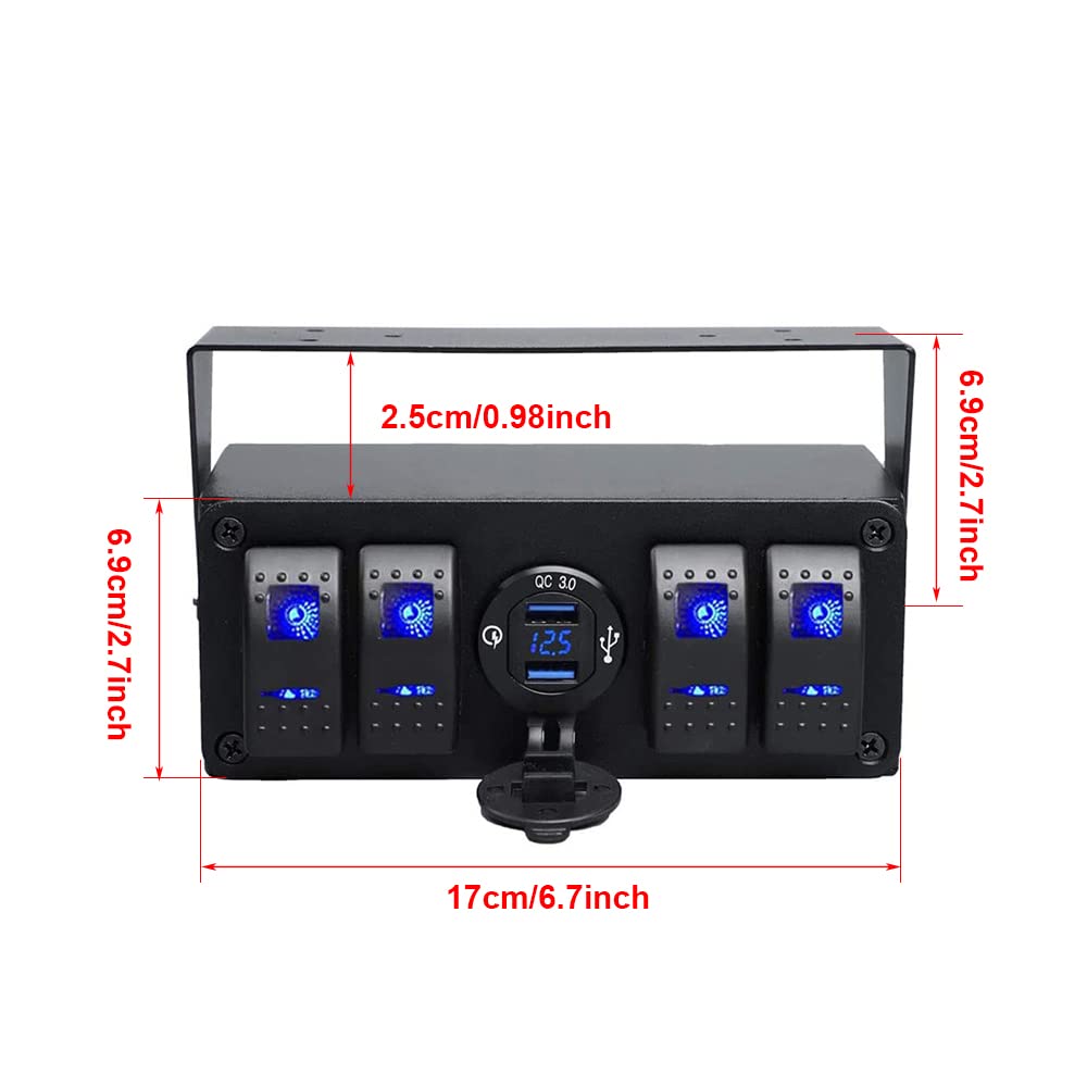 Riloer 4 Gang Rocker Lice Switch Pannello con 4,8A USB Quick Charge/Carica rapida 3,0 Voltmetro USB Caricatore per camion per barche marine 12V-24 V, pannello di controllo a 4 gruppi