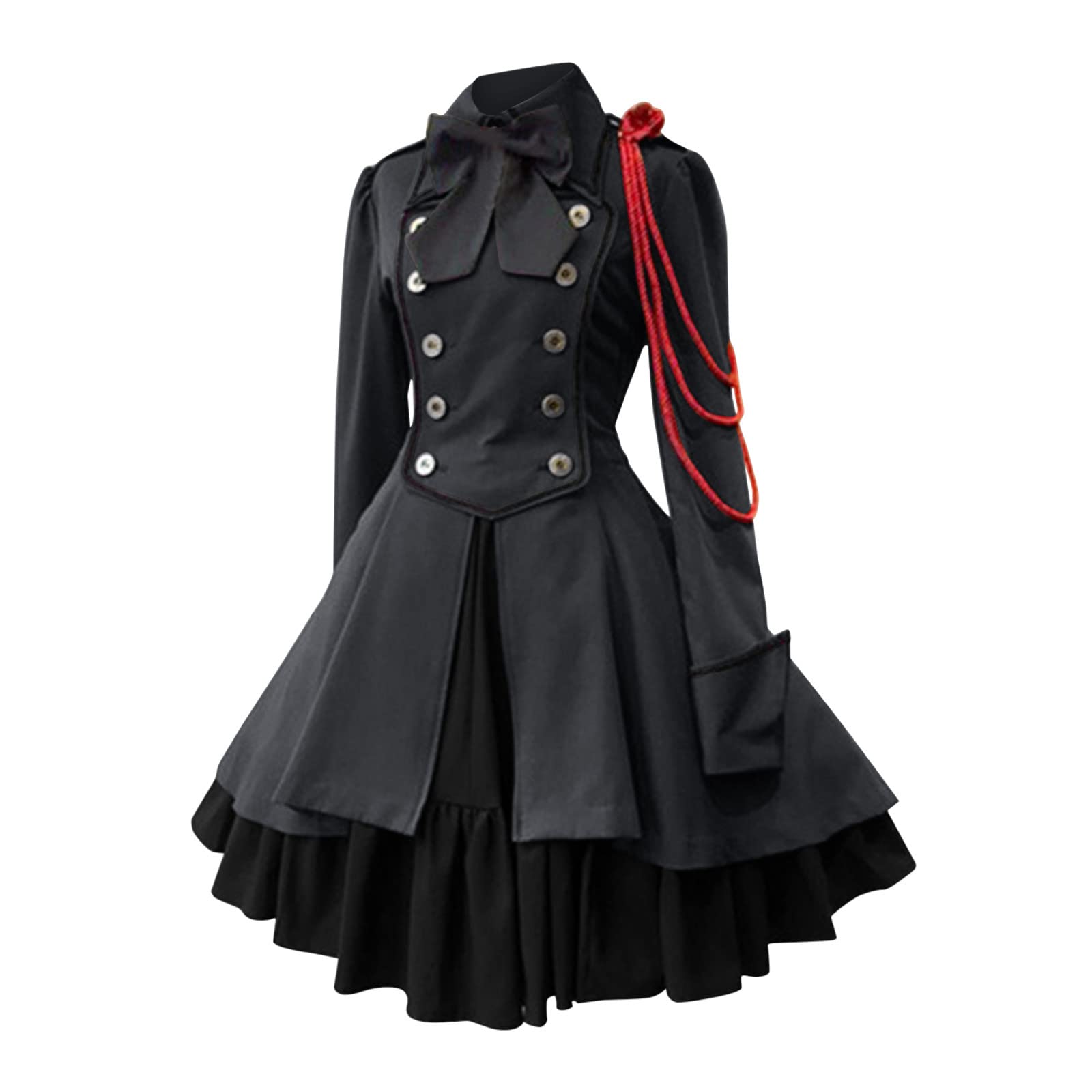Dresses for Women UK Steampunk Gothic Dress Court Collar Long Sleeve Ruffled Patchwork Long Skirts Medieval Vintage Halloween Party Dresses,Lolita Gothic Vintage Bow Ruffle Steampunk Dress Dark Gray