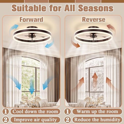 Image of VOLISUN Low Profile Ceiling Fans with Lights and Remote, 19.7in Flush Mount Ceiling Fans with Light, 3000K-6500K Dimmable Fandelier LED Fan Light, Brown Bladeless Ceiling Fans with Lights for Bedroom