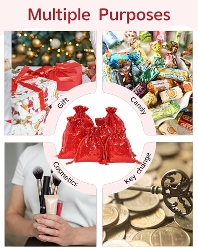 SquarePie 6Pcs Valentine's Day Red Sequin Drawstring Gift Bags Assorted Sizes 8x12/6x9/5x7 Glitter Goodie Bags for Birthday Christmas — view 6