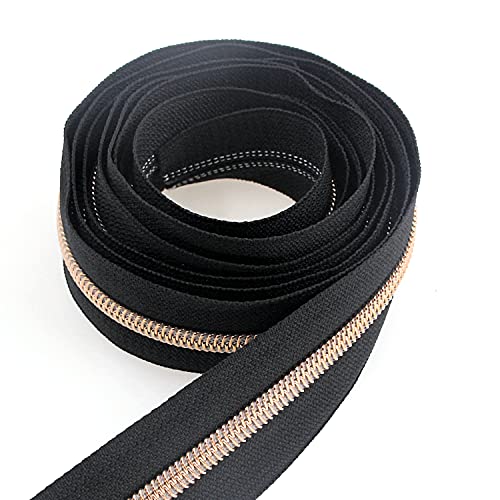 Image of #5 Rose Gold Metallic Nylon Coil Zippers by The Yard Bulk 10 Yards Black Tape with 25pcs Rose Gold Sliders for DIY Sewing Tailor Craft Bag Leekayer(Black)