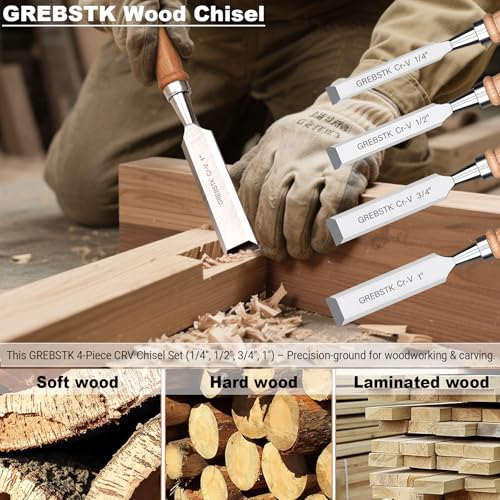 image for GREBSTK 4 Pcs Wood Chisel Set, CRV Steel Bevel Sharp Edge Bench Chisel