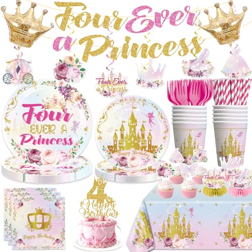 Xynic 201Pcs Four Ever a Princess Birthday Decorations Tableware Set Serves 25 Princess party Supplies Includes Banner Plates Tablecloth Cake Topper for 4th Birthday Decorations girl