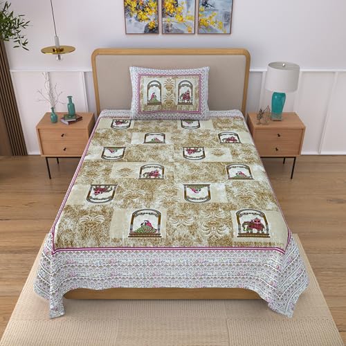 Image of 100% Cotton Single Bedsheet with 1 Pillow Cover | 240 TC Pure Cotton Flat Bed Sheet | Traditional Jaipuri Printed Bedding Set | Soft & Breathable | 60 x 90 Inch (Rangmahal Single 60)