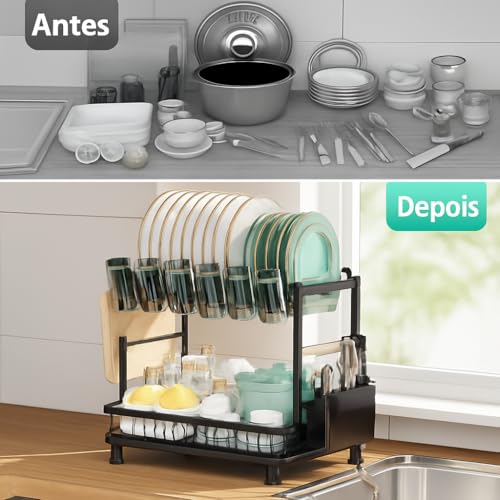 Image of ALENKO 2 Tier Black Steel Compact Dish Drying Rack with Drain 360