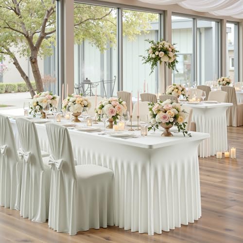 Image of 6 pk Ivory Spandex Tablecloth for 8 Foot Rectangle Tables,Wrinkle Free High Stretchy Cream Fitted Tablecloths with Ruffle Skirt, Elastic Spandex Table Covers 8 ft for Parties Weddings Banquet