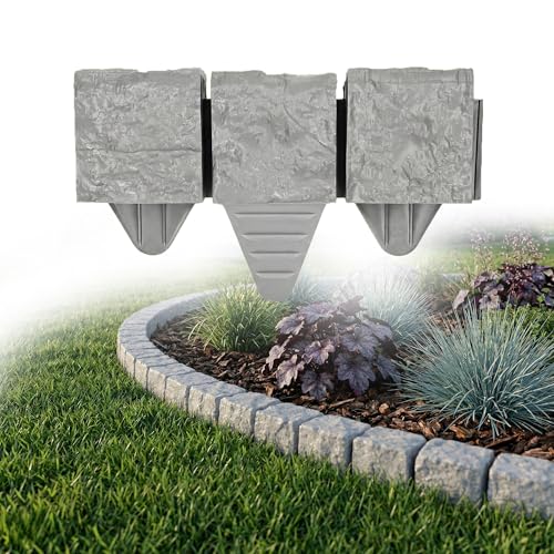 GARDENIX Rasenkante 2.4 m Granit Pflastersteine Optik Grau 10x10x10cm – Beeteinfassung Beetumrandung Beetbegrenzung aus Kunststoff, Gartenzaun Beetzaun Blumenbeet Umrandung