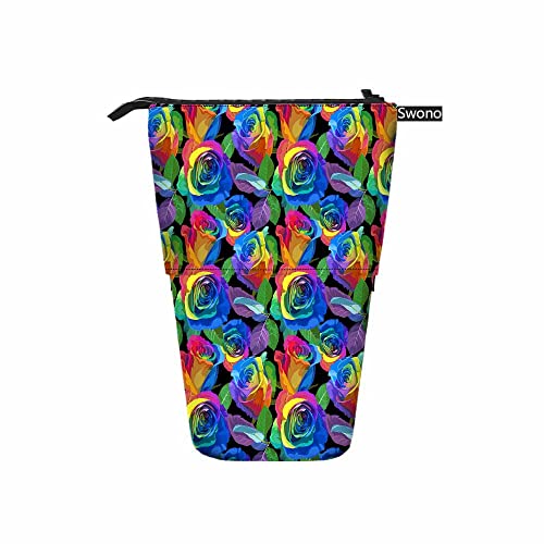 Image of Swono Roses Pencil Case Multicolored Rainbow Standing Pencil Case Pencil Holder Pencil Pouch Cosmetics Pouch Makeup Office Bag Black