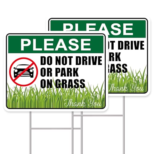 GXGGUS No Parking Signs With Stakes Please Do Not Drive Or Park on Grass Sign 2 Pack 13x10 Double-Sided Signs Corrugated Plastic H-Stake Metal Stakes Outdoor Courtyard Land and Garden Lawn