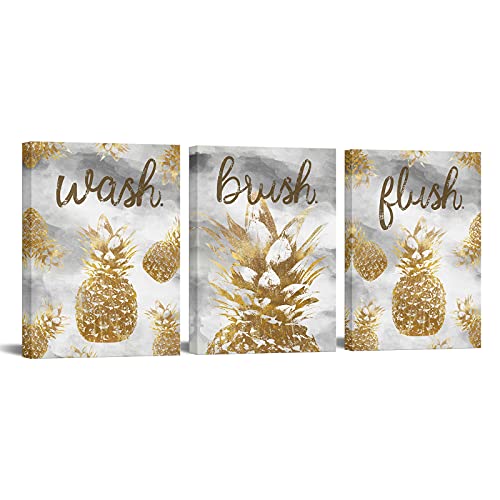 Ryounoart 3 Piece Canvas Wall Art Golden Pineapple Pictures Artwork Wash Brush Flush Sign Prints For Bathroom Kitchen Restaurant Wall Decor Framed Ready To Hang #TOP11