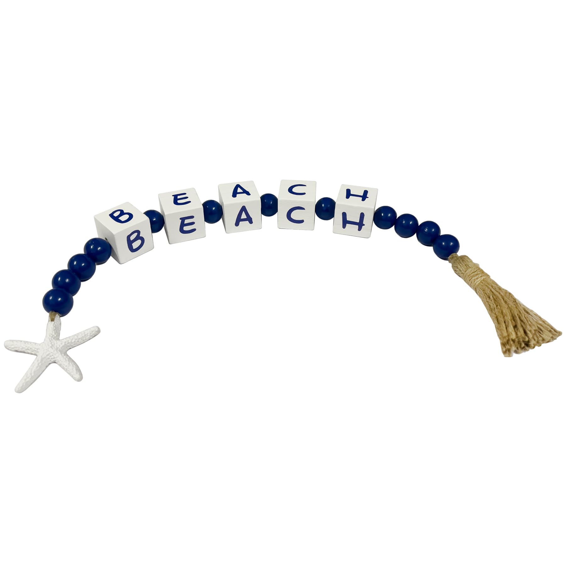 Perfeso.L Beach Starfish Decor Beach Block Bead Garland with Tassel Nautical Farmhouse Wooden Decoration, Decorative Bead Garland with Tag for Shelf Mantel Tiered Tray Decor