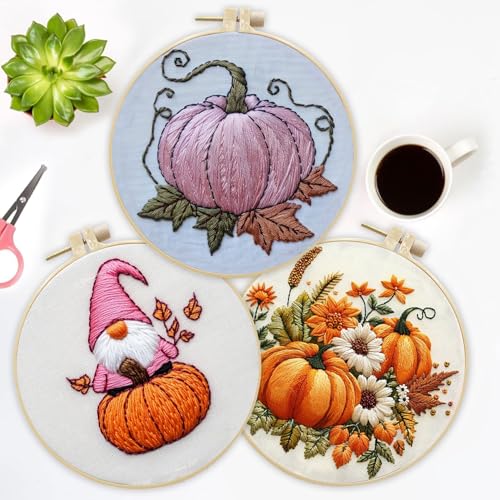 Image of LB Pink Fall Embroidery Kit for Beginners Adults, 3 Sets Hand Embroidery Starter Kit with Gnome Pattern and Instructions Stamped Cross Stitch Kits Include Embroidery Hoop Needles Threads Scissors