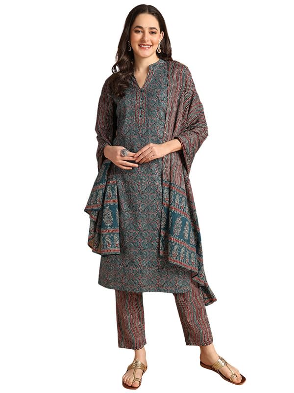 Vaamsi Women's Rayon Blend Kalamkari Printed Straight Kurta Pant With Dupatta