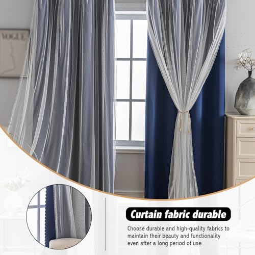 Image of Anytime Double Layer Blackout Curtains 2 Panels,52Wx63L,Navy Blue | Sheer And Fabric Window Drapes Grommet Top Solid Color Bedroom Living Room Home Decor