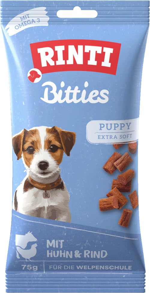 Rinti Bitties Puppy Huhn & Rind | 16 x 75 g | Extra softer Fleischsnack für Welpen | Mit Omega 3