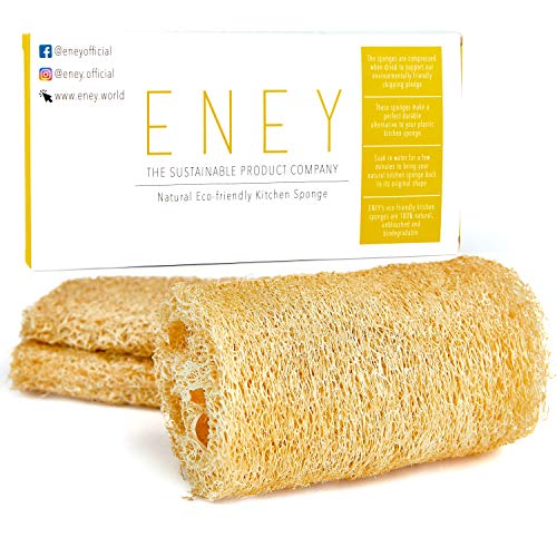 Image of ENEY Eco-Friendly Natural Washing Up Dish Sponge | 100% Plant-Based Biodegradable | Three Pack of Non-Odor Kitchen Sponges | Sustainable Unbleached Loofah | Plastic-Free