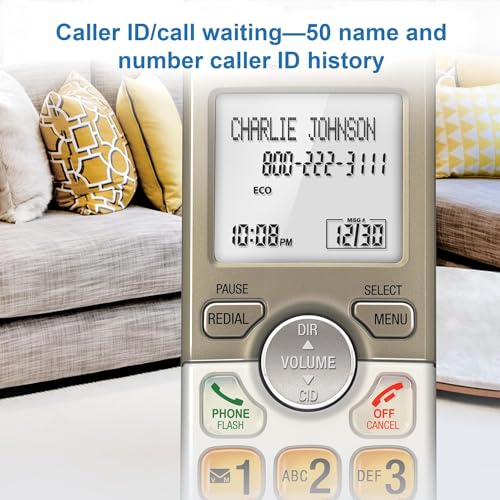 Image of AT&T EL52413 4-Handset Cordless Phone, Light Champagne | Digital Answering System, Extra-Large Backlit Keys, Caller ID /Call Waiting, DECT 6.0, Speakerphone