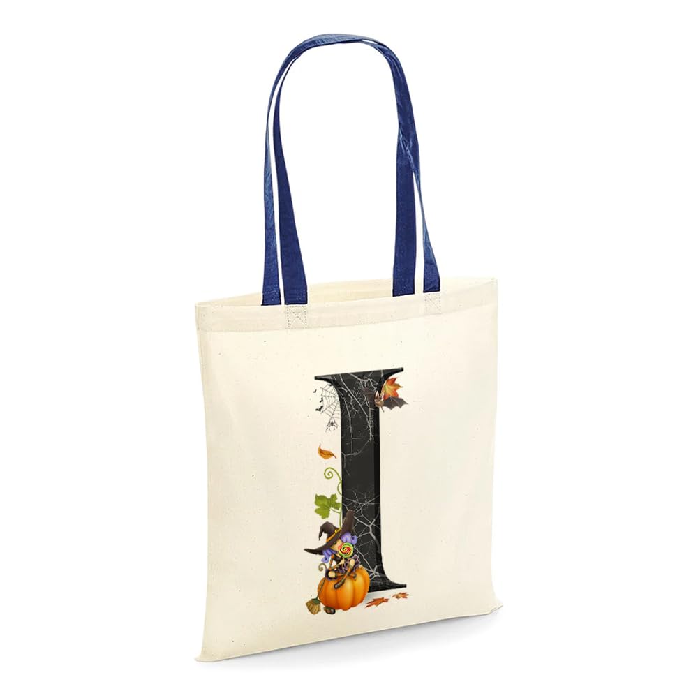 Halloween Bags, Initial Tote Bag, Gifts for Girl, Trick or Treat Bag, Halloween Pumpkin Party, Girl Gift, Reusable Bag, Shopping Bag, French Navy Handle Tote Bag. (I)
