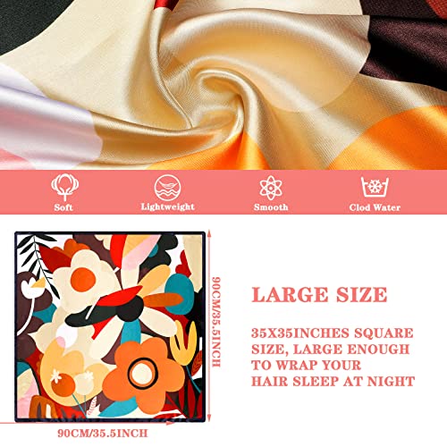 Newcotte 4 Pcs 35'' Large Square Satin Hair Scarf Silk Like Head Scarf Floral Satin Head Wrap Flower Hair Bandana Neck4