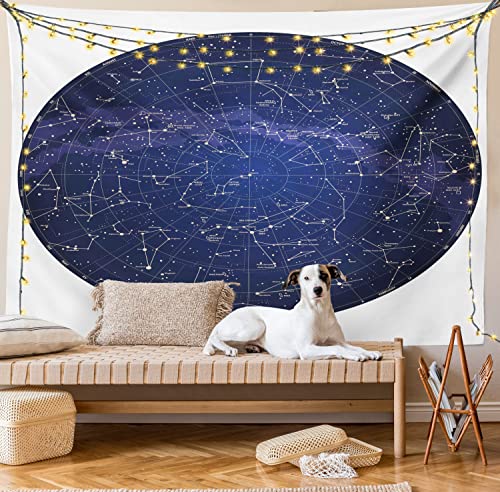 Ambesonne Constellation Tapestry King Size, High Detailed Sky Map of Northern Hemisphere with Names of Stars, Wall Hanging Bedspread Bed Cover Wall Decor, 104" X 88", Blue Cream Violet Blue