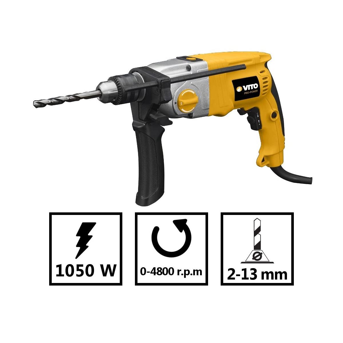 Wiertarka udarowa 1050W VITOPOWER uchwyt wiertarski 13 mm dwufunkcyjny korpus stalowy - wysokiej jakości uchwyt SOFT GRIP