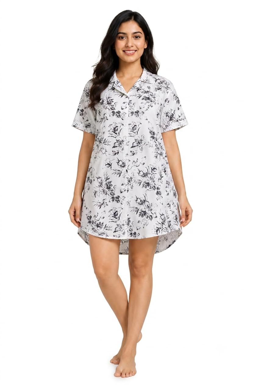 camey Women Front Open Short Nighty | Button Down Night Dress for Women Cream L-picture-45