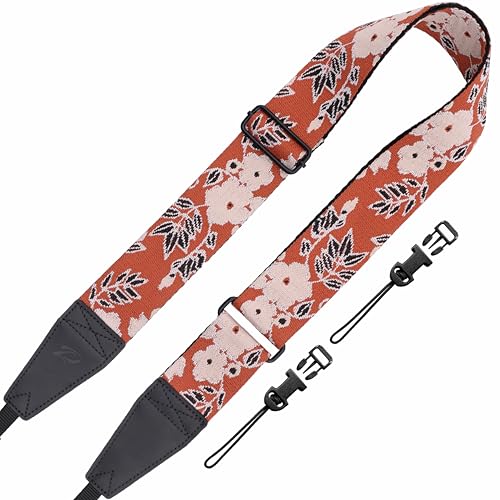 Image of Padwa Lifestyle Extra Long Adjustable Camera Strap for Photographers - 2 inch Wide Full Grain Cowhide Leather Ends Camera Straps with Quick Release for All Cameras,Binoculars(Brown Flower)