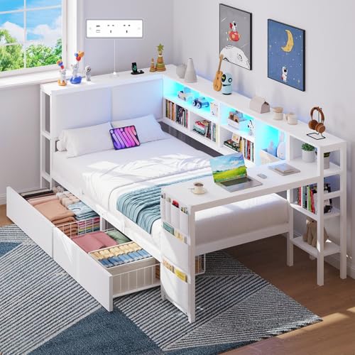 3ft Single Bed with Storage 2 Drawers & Study Desk Single Bed Frame with Upholstered Headboard and Charging Station (2 AC Sockets 2 USB Ports) LED Lights Reversible Left/Right Hand Assembly White