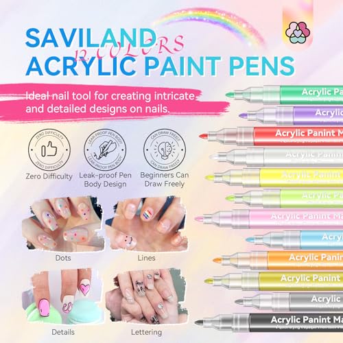 Image of SAVILAND Nail Art Pens Set: 12 Colors Fine Tip 3D Nail Polish Pens Quick Drying Nails Art Markers for Painting Nails, Dotting Liner Brush Pen Design Tool Kit for Home DIY & Salon Manicure
