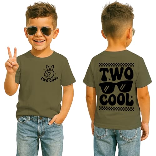 SANIXJOO Two Cool Birthday T-Shirt Short Sleeve 2nd Birthday Boy Tshirt 2 Year Old Toddler Boys Second Bday Party Tops Outfit(Army Green 2T)