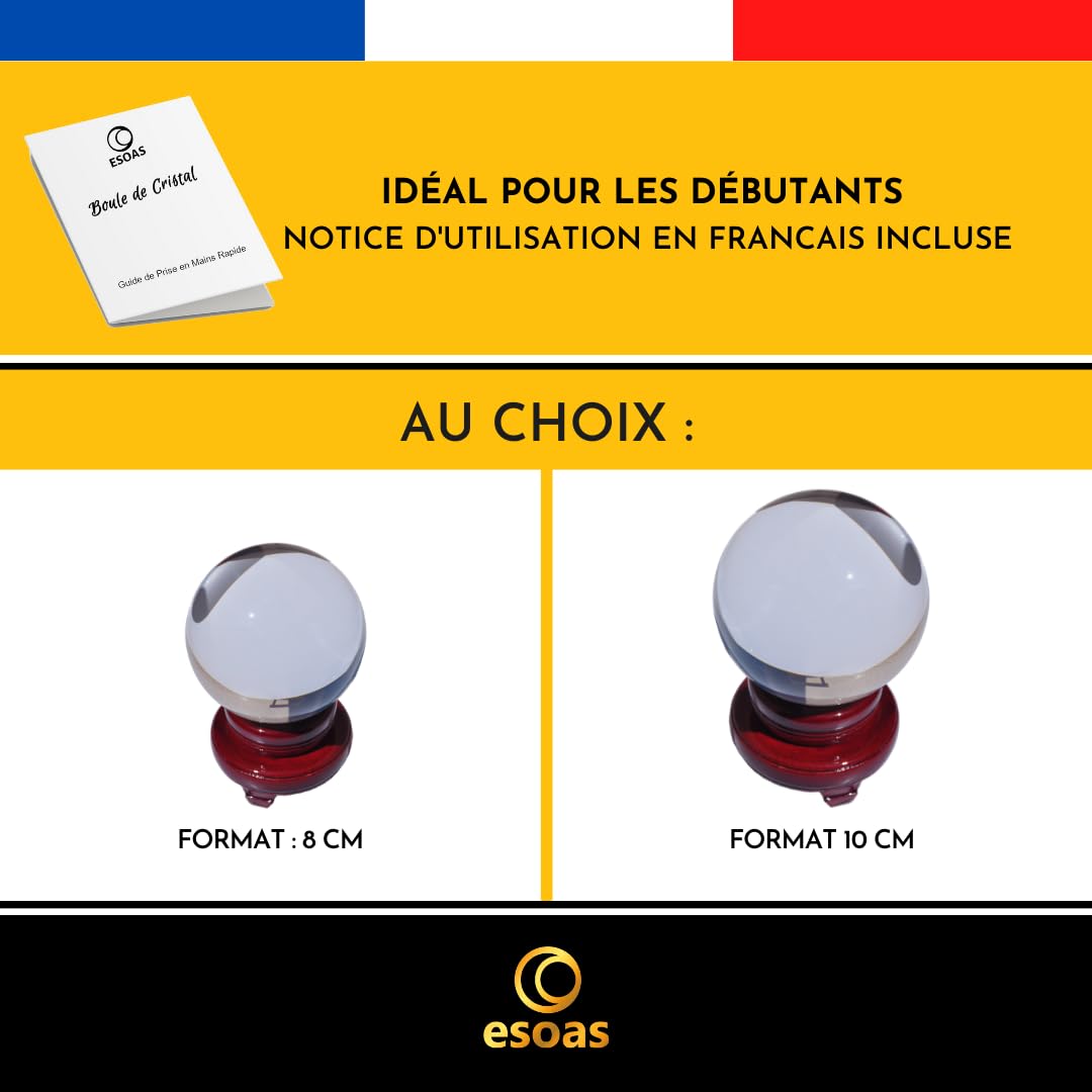 Boule de Cristal Voyance Divinatoire (8cm) avec Support en Bois, Idéale Cristallomancie, Divination et Medium [Garantie à Vie] + Guide PDF Offert