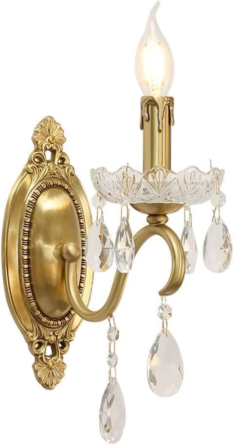 BLOOHK Vintage Crystal Wall Sconce, Gold Brass 1-Light/2-Light Wall Lamp, French Style Candle Wall Light Fixture, Elegant Decorative Wall Mounted Lighting for Living Room, Bedroom, Hallway, Bathroom