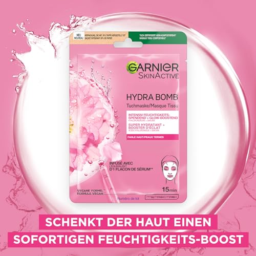 Garnier Tuchmaskenset Sakura fürs Gesicht bei fahler Haut, Feuchtigkeit und Glow, Mit Hyaluronsäure und Sakura, SkinActive, Hydra Bomb Sakura, 5x 28g 2