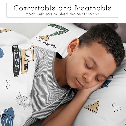 Image of Sweet Jojo Designs Construction Truck Boy Full /Queen Bedding Set Kids Comforter Childrens Size - 3 Pieces - Grey Yellow Black Blue and Green Transportation Chevron Arrow