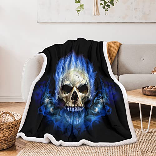 Sleepwish Blue Skull Fire Kids Throw Blanket Sherpa Flannel Fleece Reversible Blanket College Dorm Warm Blanket For Boys (Twin 60" X 80") #TOP1