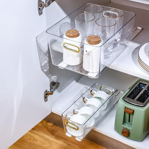 Reallnaive 2 Pcs Clear Pull out Cabinet Organizer with 4 Pcs Adhesive Sliders Rails, Pull Out Drawer Organizer Accessories Plastic Slide out Storage Drawer for Office Kitchen Bathroom Home School
