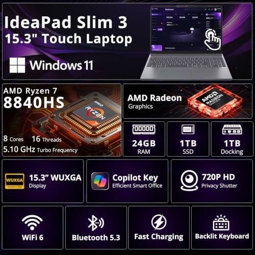 Image of Lenovo IdeaPad Slim 3 15.3 inch WUXGA Touch Laptop, AMD Ryzen 7 8840HS, 24GB RAM, 2TB Storage(1TB SSD +1TB Docking Station), AMD Radeon 780M, Wi-Fi 6, Backlit Keyboard, Webcam, Win 11, Gray