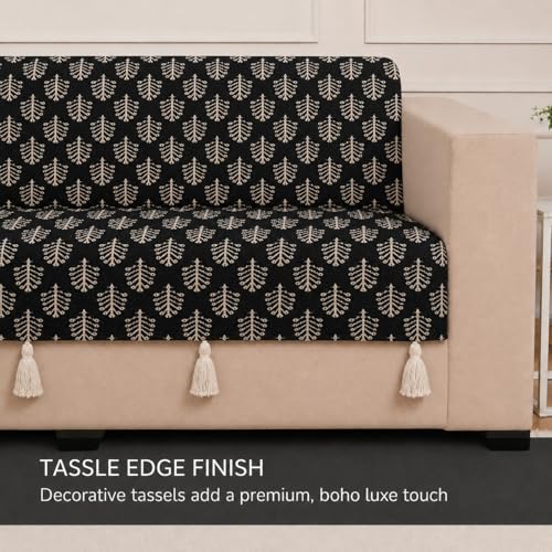 Image of STITCHNEST 'Nomad Weave Collection' 2 Seater Sofa Cover - Full Coverage| Elegant Jacquard Fabric, Decorative Tassels, Washable & Durable for Modern Living2