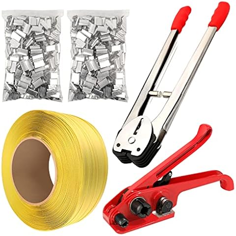 SCIEO Pallet Packing Strapping Kit 4 in 1 Heavy Duty Banding Tool Sealer, 3280' Length x 1/2" Wide Coil Reel with 1000pcs Semi-Open Metal Seals for Strapping Cover