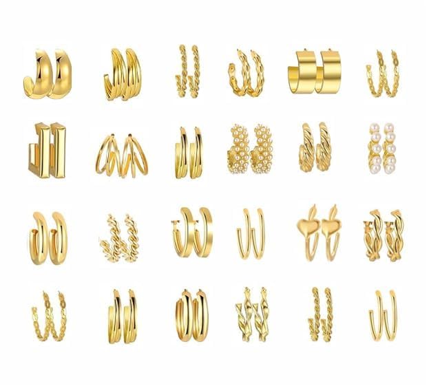 QIQVERT Trendy Earring Set Gold Plated Geometric Twist Pearl Loop Earrings for Women Celebrity Inspired Jewelry for Women & Girls Earrings for Girls Combo- 24 Pairs (B0DBVXDF61) Amazon Price History, Amazon Price Tracker