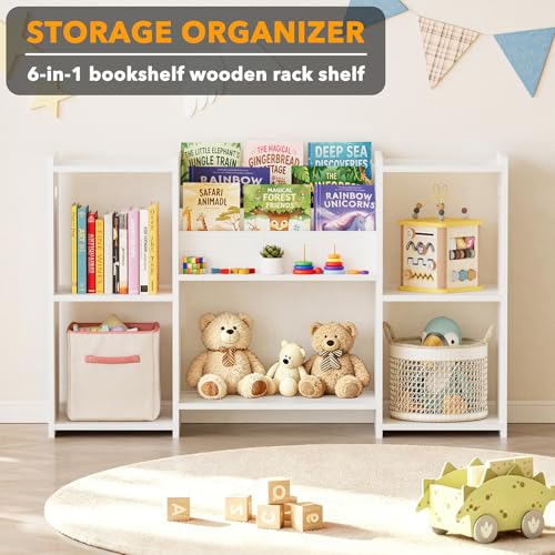SpaceAid 6-in-1 Bookshelf Storage Organizer, Montessori Bookcase for Toddlers, Wooden Book Rack Shelf Cabinet Furniture for Kids Rooms, Playroom, Nursery and Classroom, 45.6“ Wide, White - Image 3