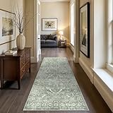 EISUROM Hallway 2x6 Washable Runner - Non-Slip Vintage Long Rug for Entryway Low-Pile Medallion Runner for Hallway Waterproof Traditional Runners Indoor Thin Rug for Kitchen (Muted Sage Green, 2x6)