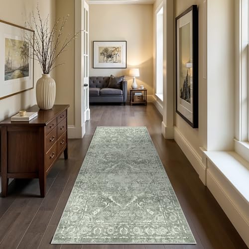 EISUROM Hallway 2x6 Washable Runner - Non-Slip Vintage Long Rug for Entryway Low-Pile Medallion Runner for Hallway Waterproof Traditional Runners Indoor Thin Rug for Kitchen (Muted Sage Green, 2x6)