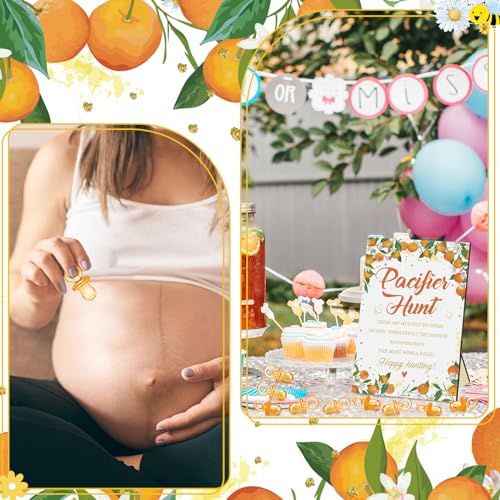 Image of Thyle 51Pcs Little Cutie Pacifier Hunt Baby Shower Games Include Orange Hunt Sign and 50 Acrylic Pacifiers a Little Cutie Is on The Way Theme Baby Shower Game Decoration for Gender Reveal Party Decor