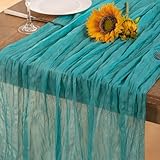 DeZerlor Teal Green Cheesecloth Table Runner Fall Table Runner Boho Gauze 120 Inches Turquoise Cheese Cloth Fall Table Decorations for Thanksgiving Wedding Bridal Baby Shower Tea Party Decor