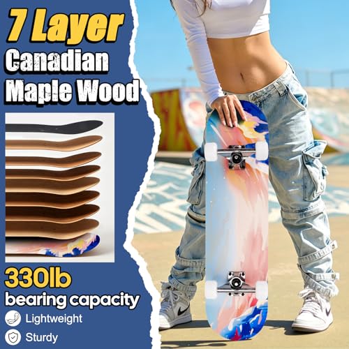 Image of Skateboards for Beginners Adults Youths Teens Kids Girls Boys 31 Inch Pro Complete Skate Boards 7 Layer Canadian Maple Double Kick Concave Longboards