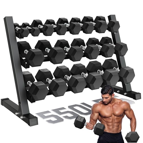 Dumbbell Sets with Rack, Rubber Hex Dumbbells, 160/220/280/360/450/550LBS, Hand Weights with Chrome Handle for Strength Training
