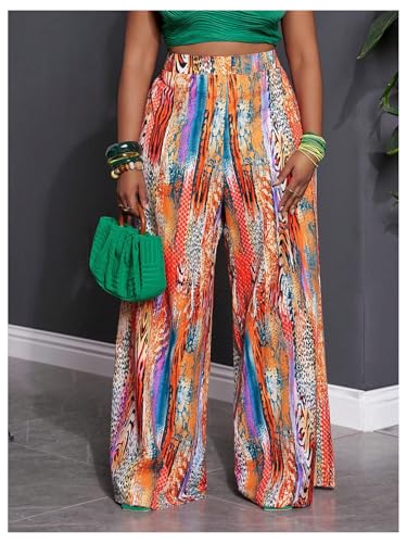 MakeMeChic Women's Plus Size Pants Boho Graphic Print Wide Leg High Waisted Summer Trousers4