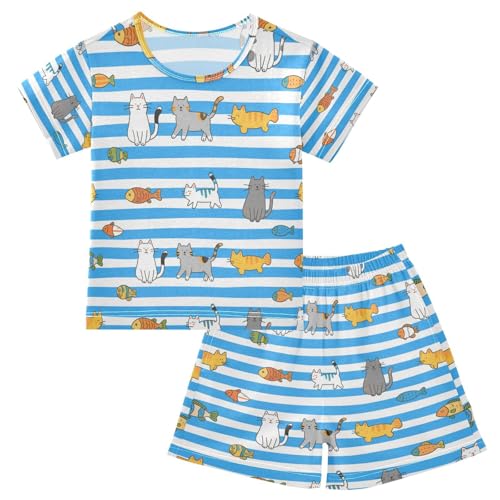 Little Boys Girls Sleepover Pajama Set Cotton 2-Piecing Cozy Pajamas for Big Girls Loungewear 12Y Blue White Striped Cat Fish pijamas de short para nino